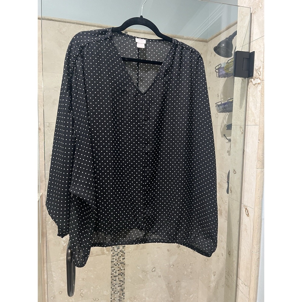 CHICO'S Women Wide Sleeve Elastic Waist Poly Blouse Black White Polka Dot 3 L XL